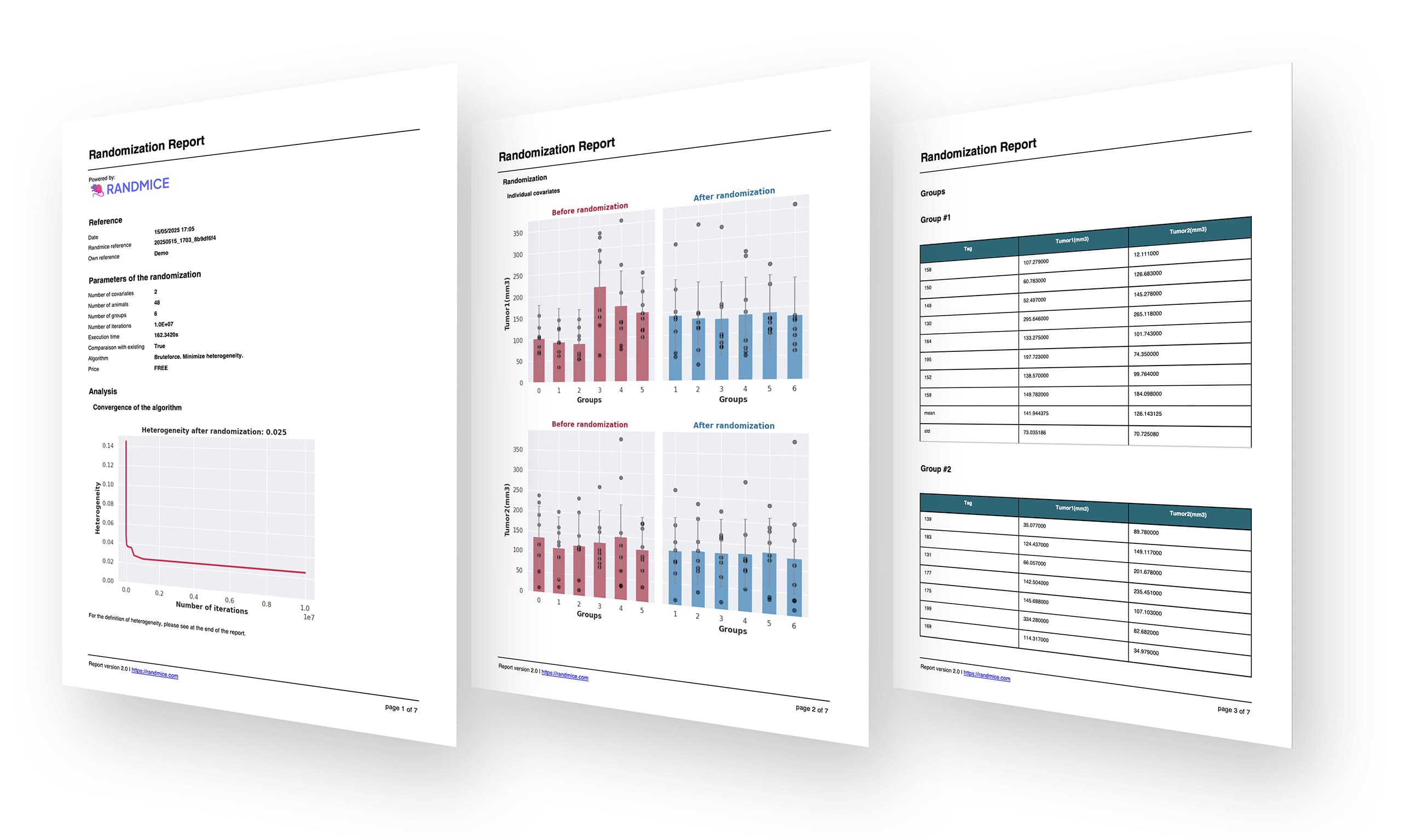 Image showing an example of the PDF report generated by randmice for a randomization