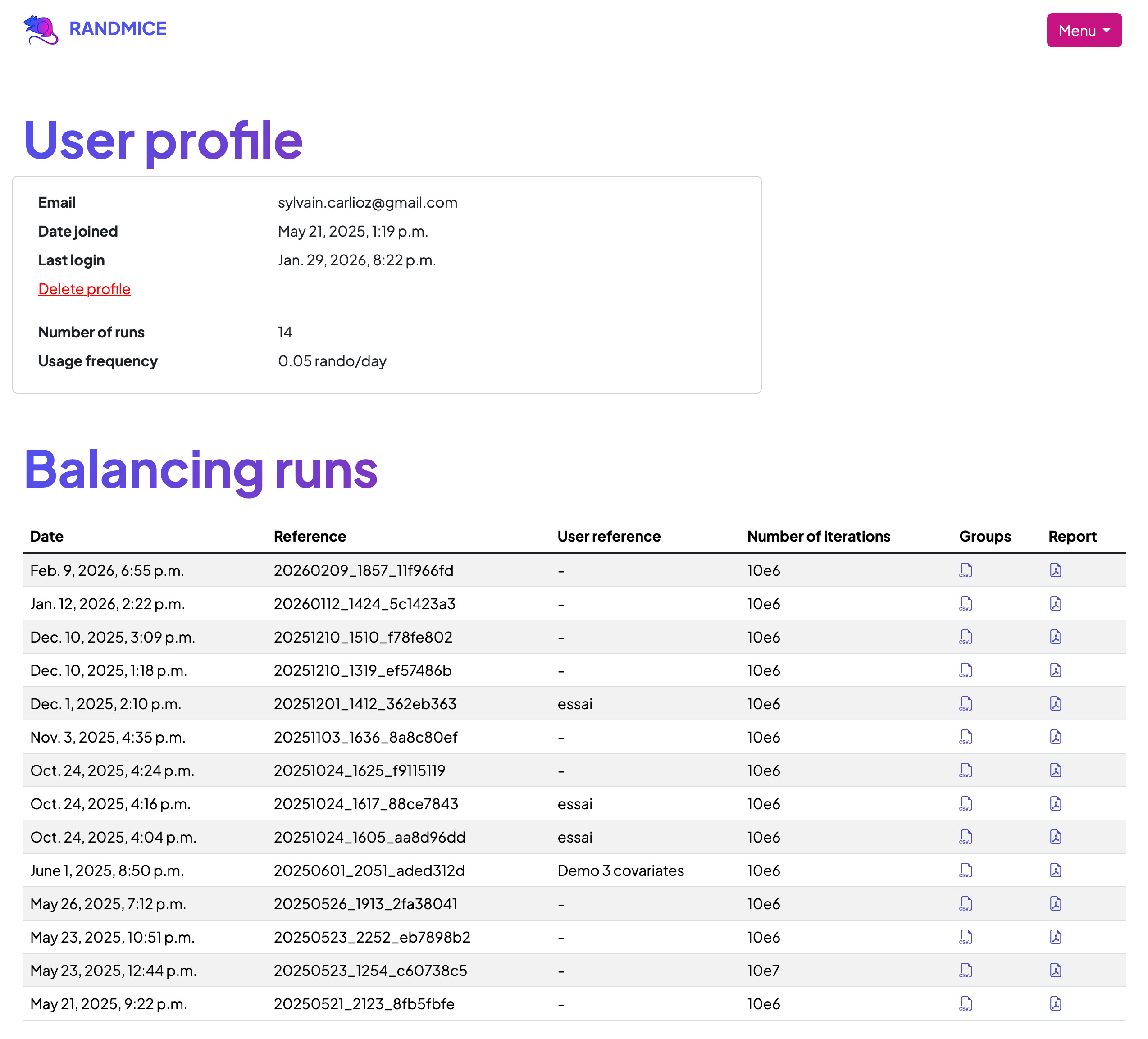 Randmice dashboard showing a history of all randomization reports with options to download CSV data and PDF reports.